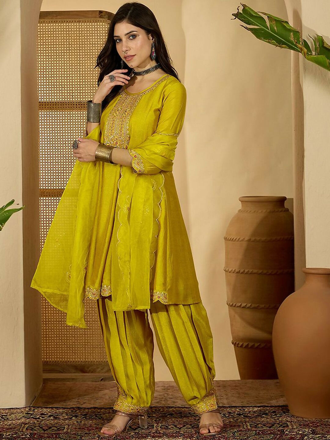 The52 Women's Beautiful Embroidery Work Vichitra Fabric A-line Kurta Pant and Dupatta Set-Yellow | Grocsy