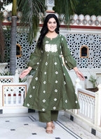Miravan Women's Moti And Chikan Embroidered Bandhani Printed A-Line Mehandi Kurta Palazzo Set | Grocsy