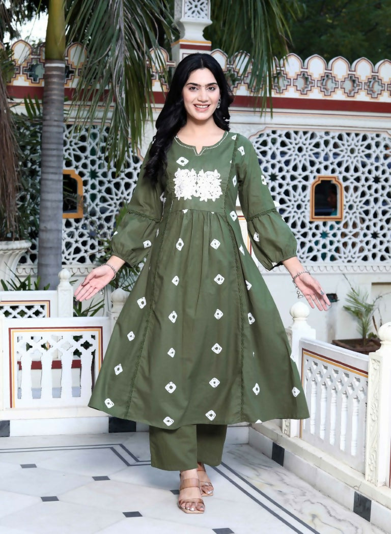 Miravan Women's Moti And Chikan Embroidered Bandhani Printed A-Line Mehandi Kurta Palazzo Set | Grocsy