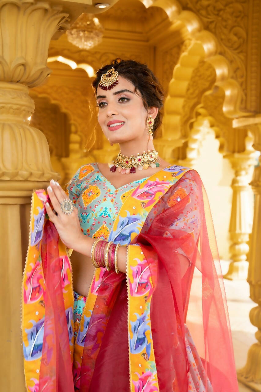 Designer Sky Blue Lehenga Choli for Women, Printed and Mirror Work Lehengas Set by Infinity Export | Grocsy