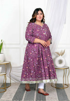 Miravan Women's Plus Size Cotton Gota Patti And Lace Border Details Floral Printed Purple Anarkali Kurta | Grocsy