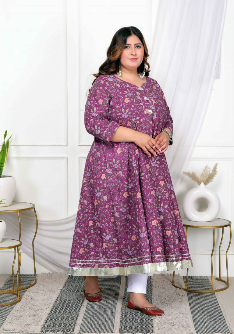 Miravan Women's Plus Size Cotton Gota Patti And Lace Border Details Floral Printed Purple Anarkali Kurta | Grocsy