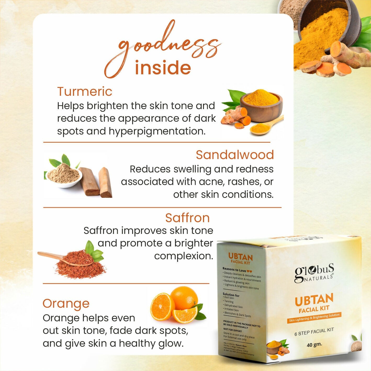 Globus Naturals Brightening Ubtan 6 Step Facial Kit | Grocsy