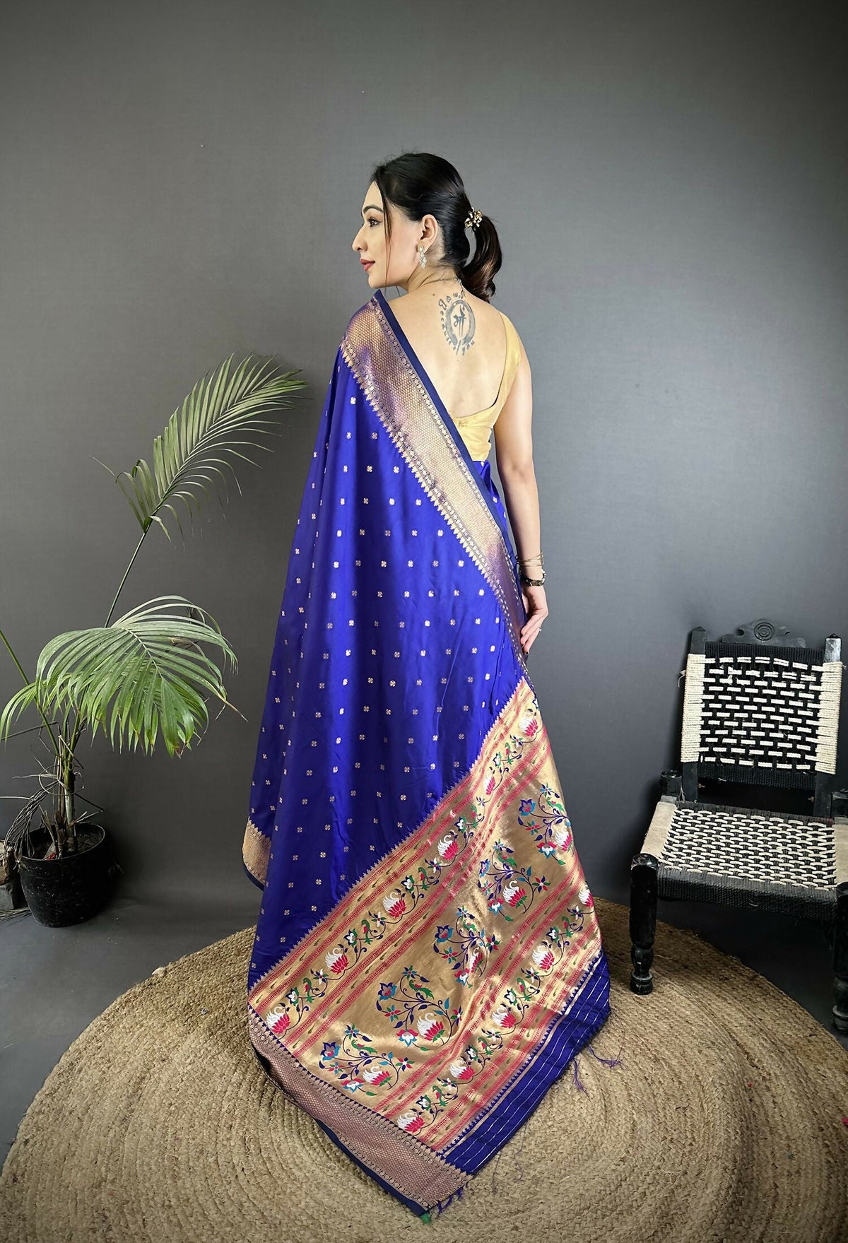Joban Fashion Royal Blue Butti Woven Soft Lichi Silk Paithani Saree | Grocsy