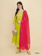 Designer Stylish lime green Cotton Stitched Suit With Dupatta - Tanisha | Grocsy