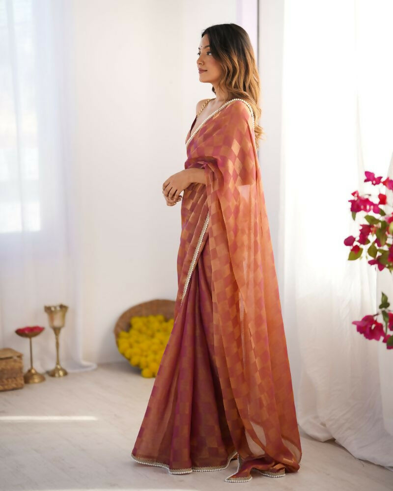 NC Chiffon Chex Wevon Chex Designer, Lace Party Wear Saree - Rust | Grocsy