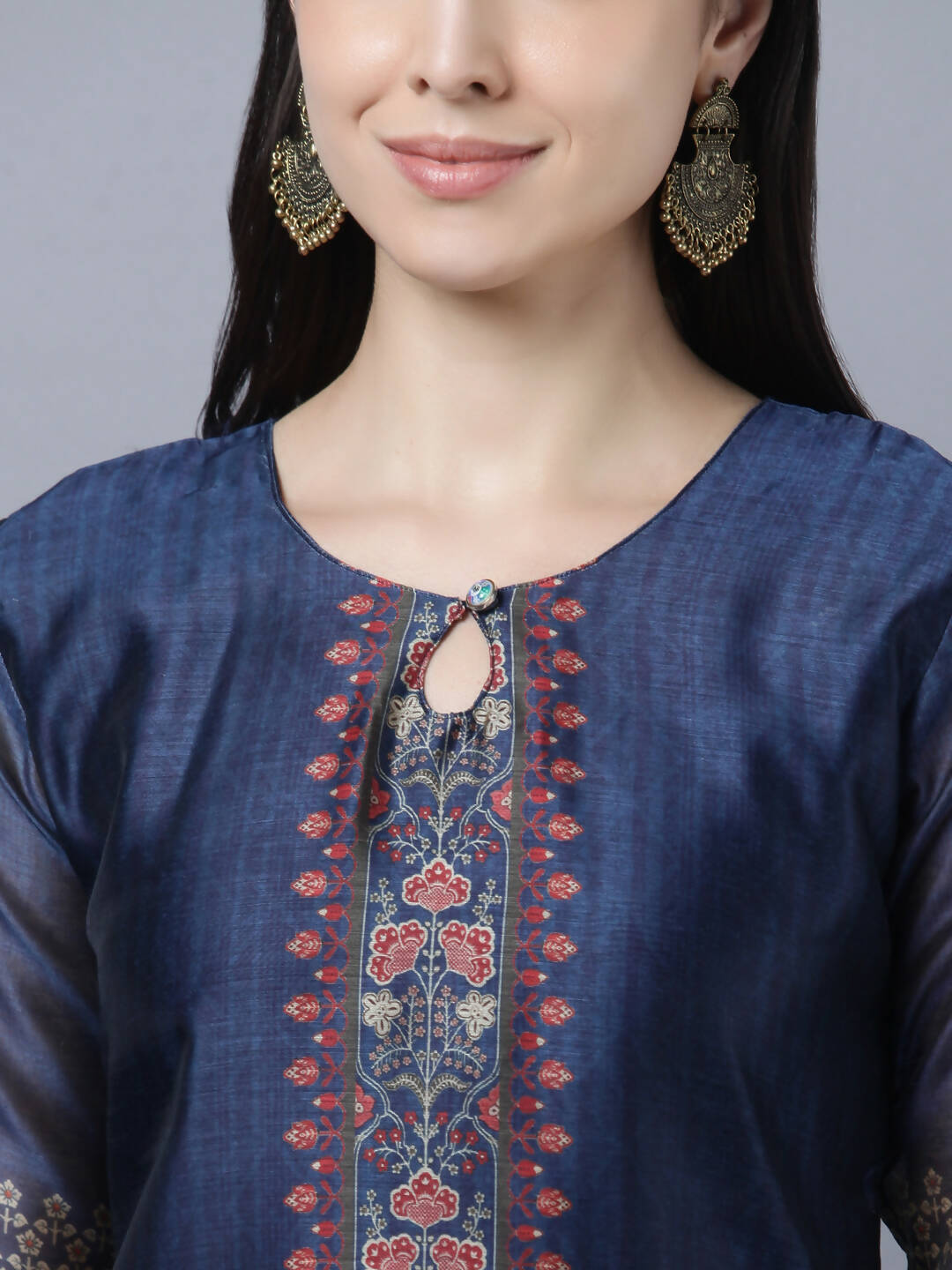 Myshka Women Navy Blue Ethnic Motifs Printed Keyhole Neck Chanderi Silk Kurta | Grocsy