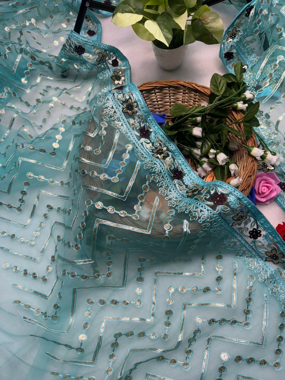 Vastranavya Butterfly Net Designer Chain Stitch Embroidery Work with Foil Thread & Stone Work Saree with Blouse Material - Turquoise | Grocsy