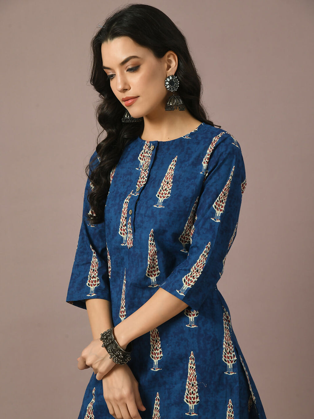 Myshka Women's Blue Printed Cotton Round Neck Party Tunic With Trousers Co-ord set | Grocsy