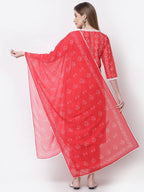 Myshka Red Color Cotton Printed Kurta With Pant Dupatta Set | Grocsy