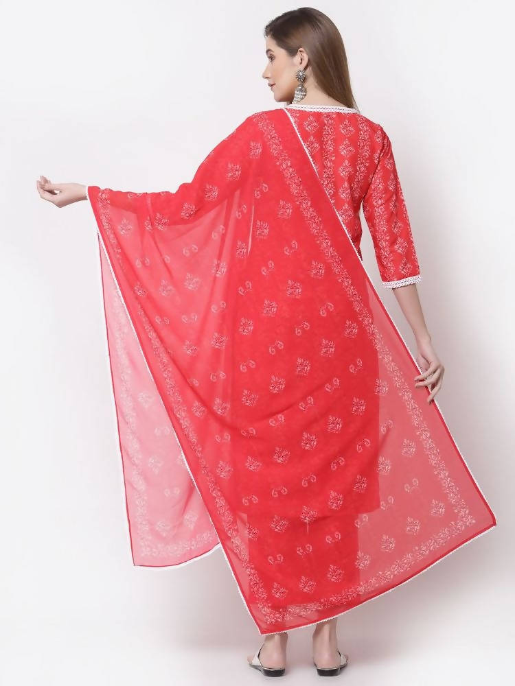 Myshka Red Color Cotton Printed Kurta With Pant Dupatta Set | Grocsy