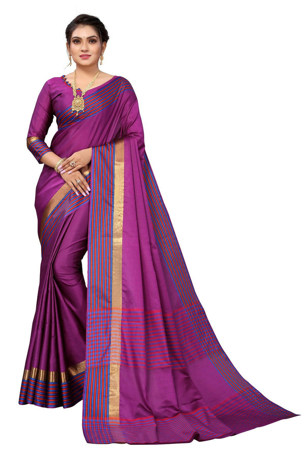 Vamika Ethnic Fire Purple Cotton Silk Saree | Grocsy