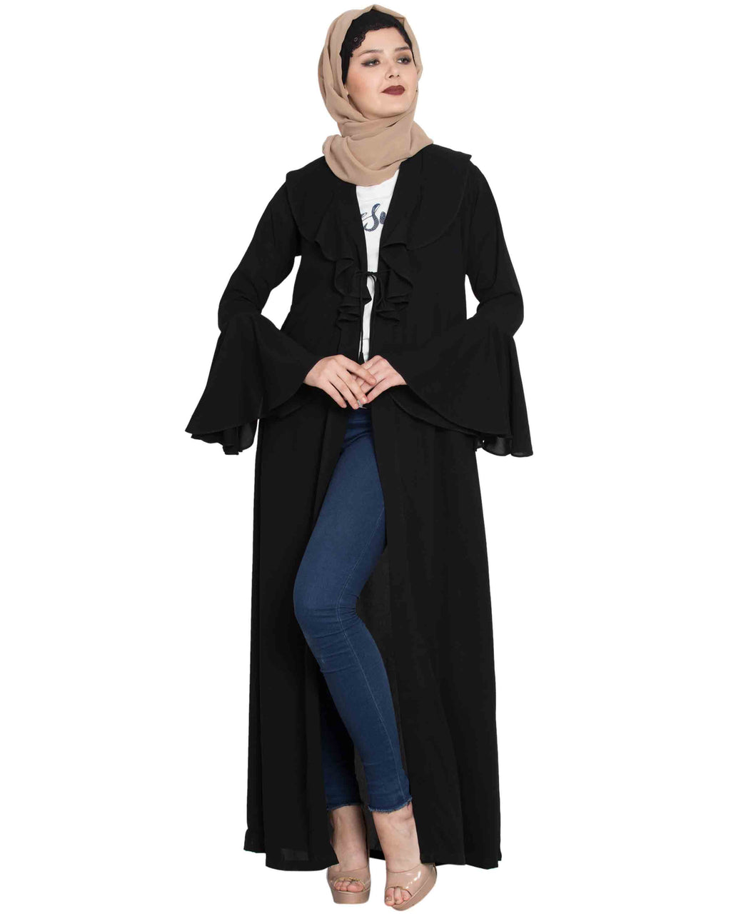 Bashariya Long Cardigan With Bell Sleeves Without Inner Abaya - Black | Grocsy