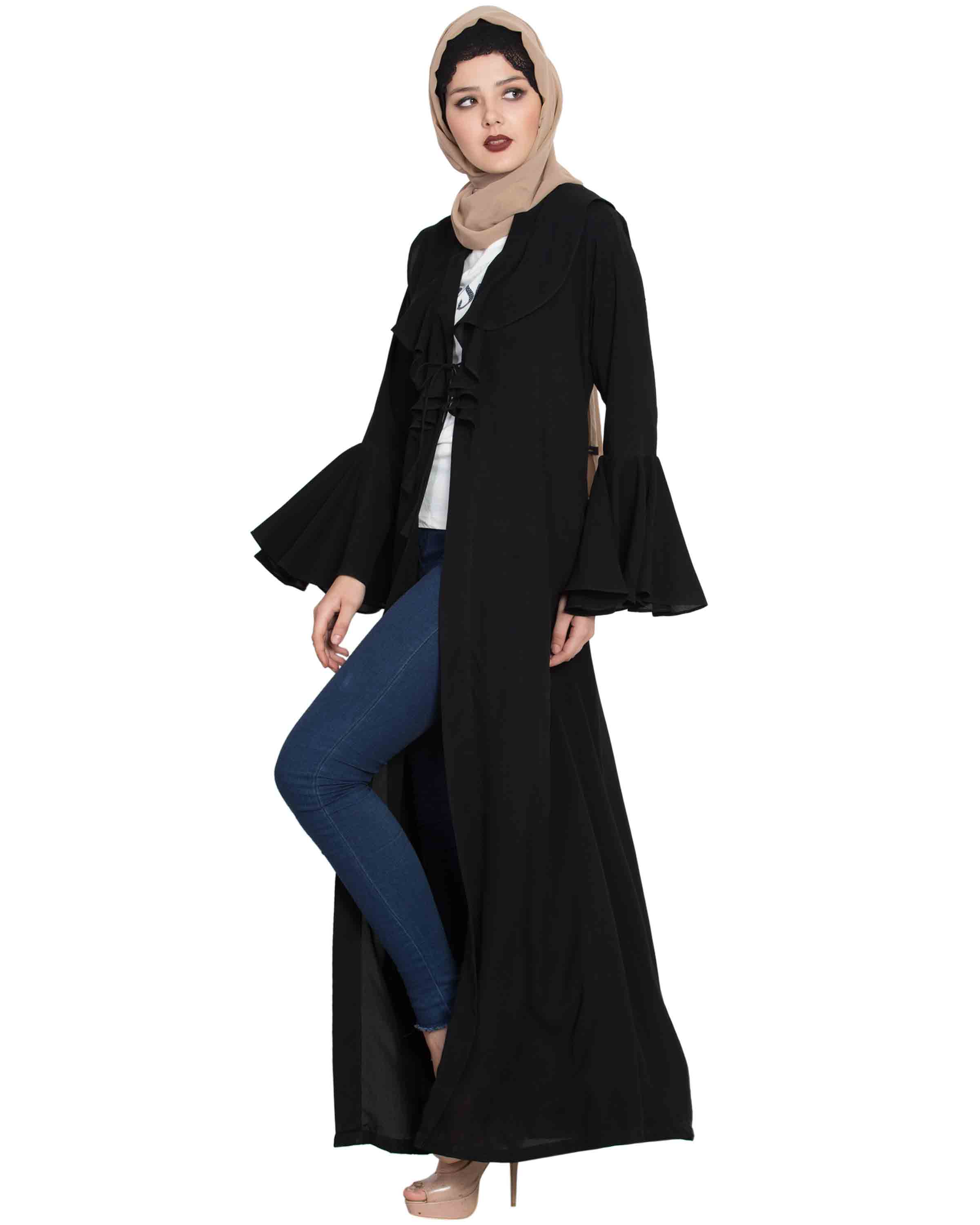 Bashariya Long Cardigan With Bell Sleeves Without Inner Abaya - Black | Grocsy