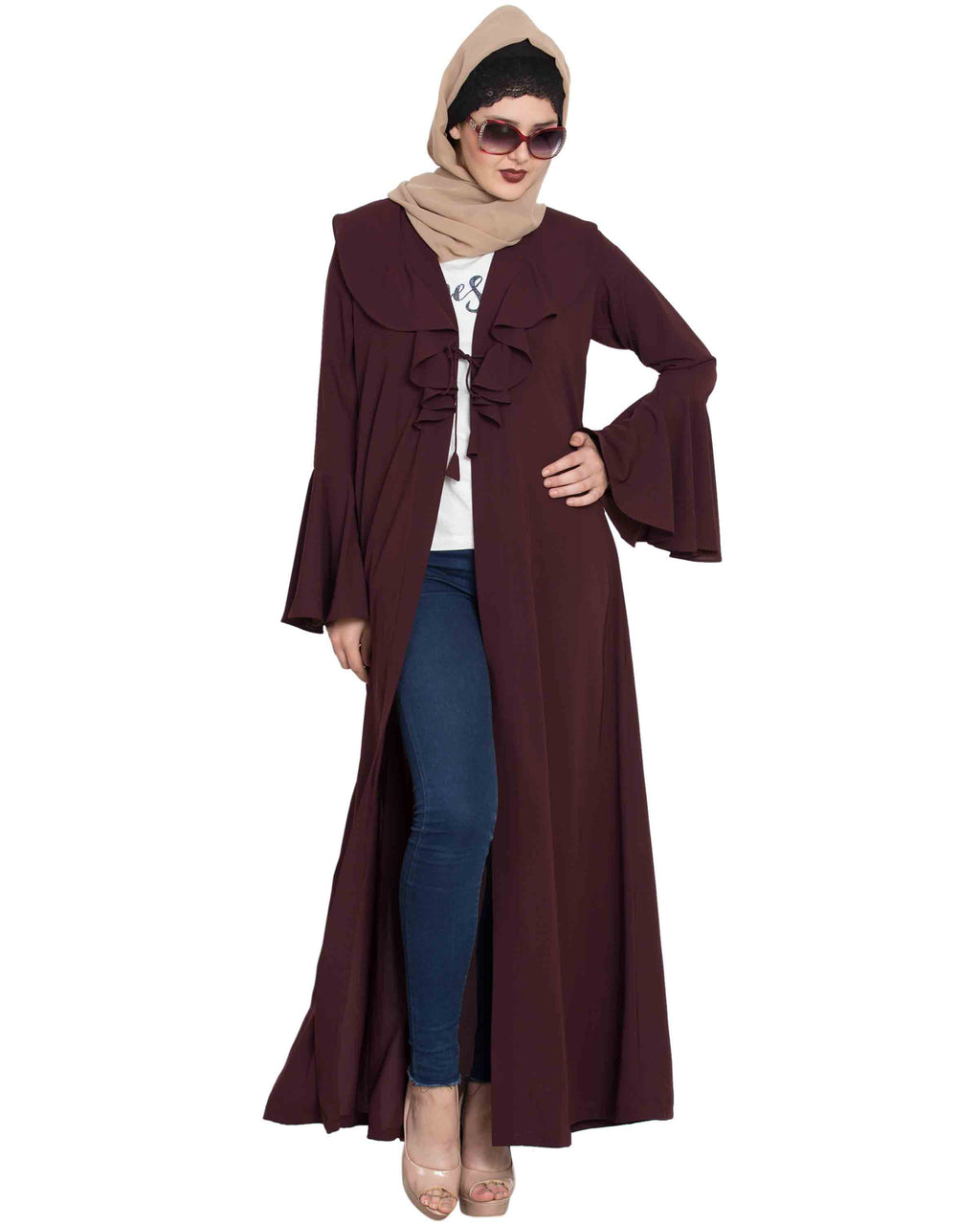 Bashariya Long Cardigan With Bell Sleeves Without Inner Abaya - Wine | Grocsy