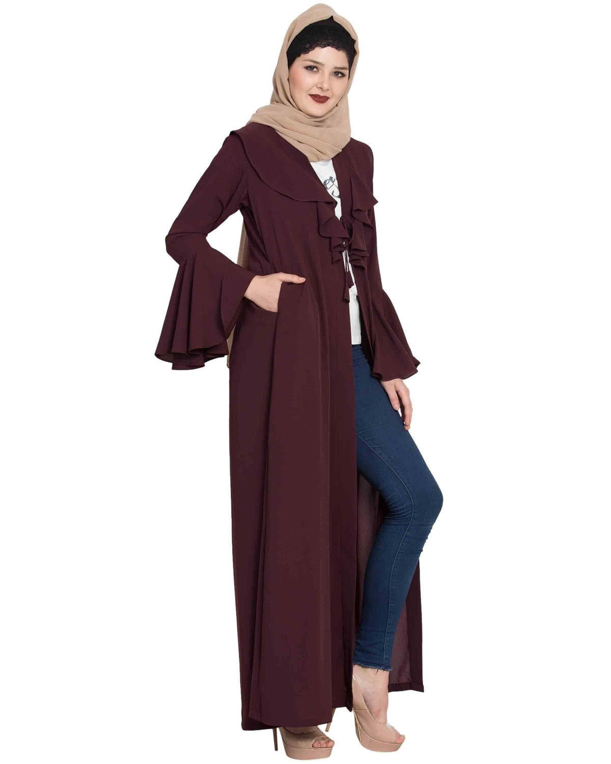 Bashariya Long Cardigan With Bell Sleeves Without Inner Abaya - Wine | Grocsy