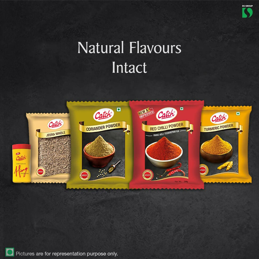 Catch Masala & Spices Combo Five Pack - Coriander Powder 200 gms + Turmeric Powder 200 gms + Red Chilli Powder 200 gms + Cumin Whole 200 gms + Hing 50 gms | Grocsy