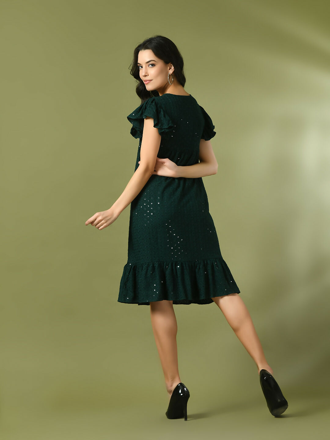 Myshka Women's Green Embroidered Cotton Round Neck A-Line Party Dress | Grocsy