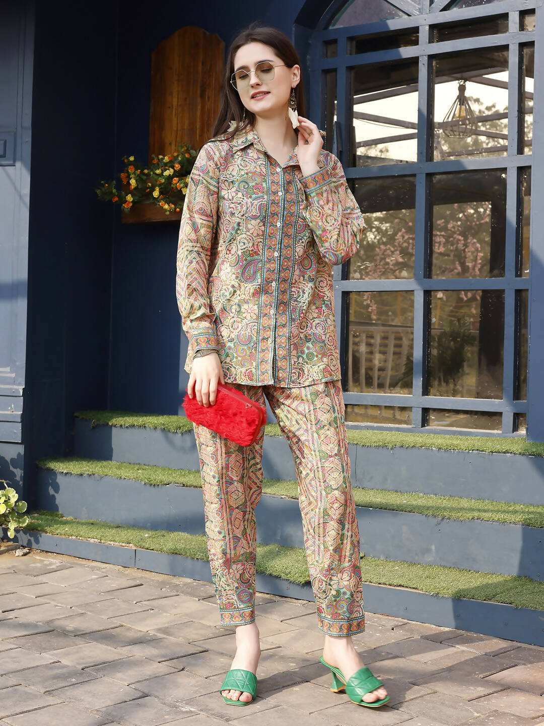 Orange & Green Rayon Paisley & Floral Printed Top with Matching Bottom - Eesha | Grocsy