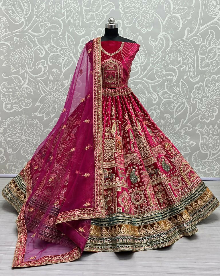 Jyoti Fashion Women's Rani Pink Velvet Fancy Dori & Sequins with Multi Thread Embroidered with Diamond Work Wedding Lehenga Choli | Grocsy