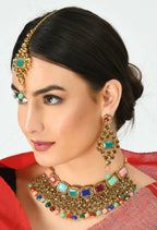 Mominos Fashion Johar Kamal Gold-Polished Rajwadi Design Heavy Multi Color Necklace Set For Women