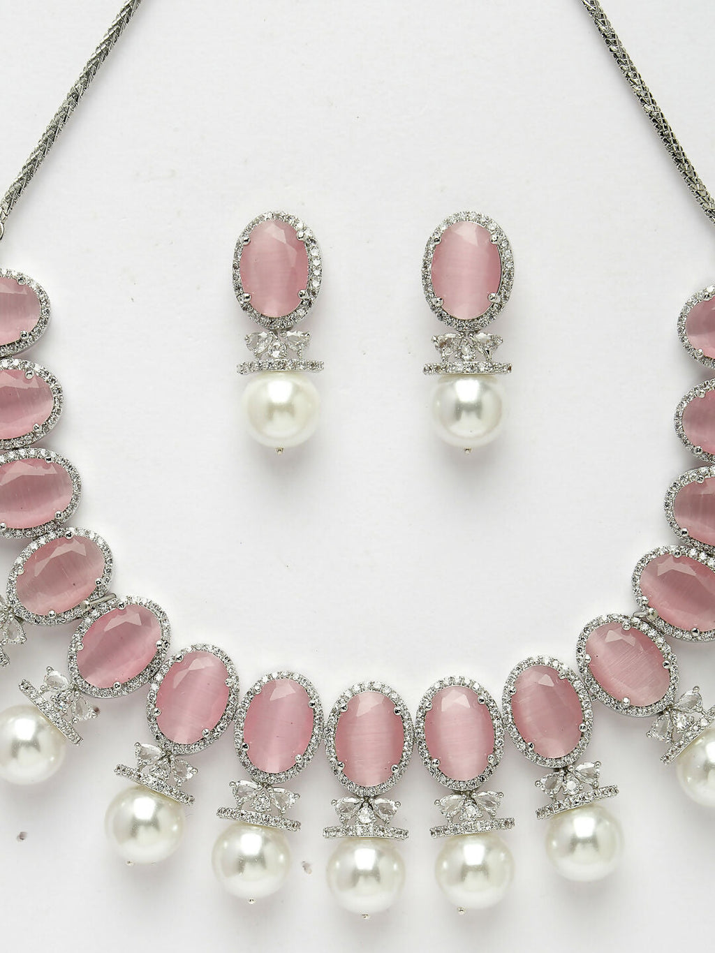 NVR Women's Silver-Plated Pink American Diamond Studded Handcrafted Jewellery Set | Grocsy