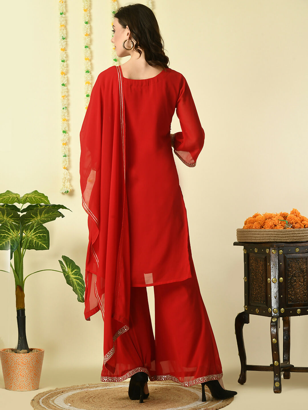 Myshka Women's Red Georgette Kurta & Palazzos With Dupatta Party Sets | Grocsy