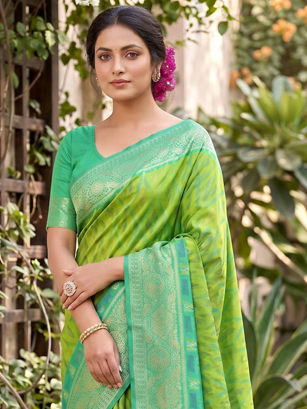 Shree Shyam Fashion Rama Green Soft Silk Saree | Grocsy