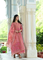 Yufta Pink Handblocked Printed Kurta with Trouser and Dupatta | Grocsy