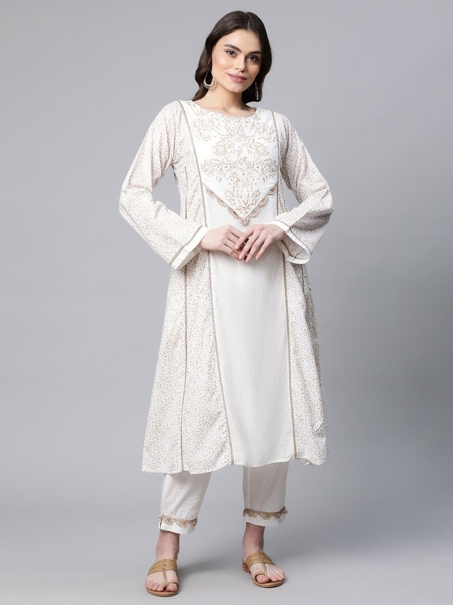 Ahalyaa Women Off White Colour Pure Cotton Printed Kurta Pant Set | Grocsy