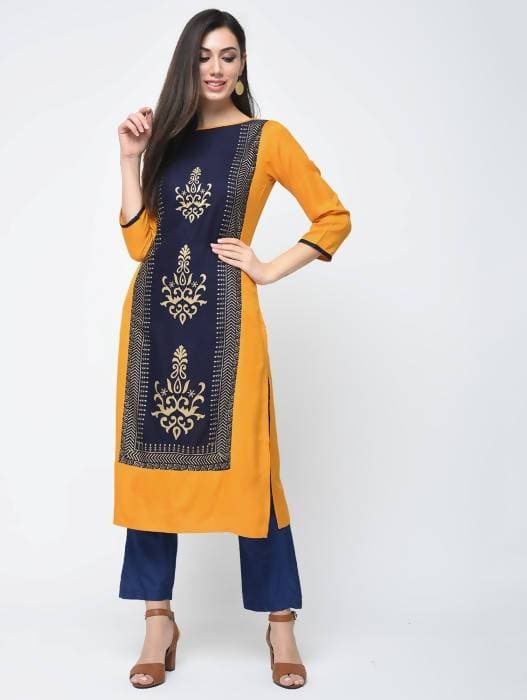 Aniyah Rayon Block Printed Straight Kurta In Mustard And Blue (AN-119K) | Grocsy