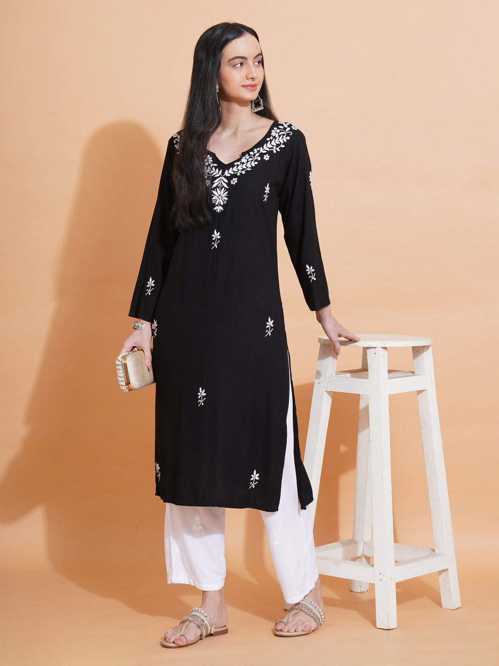 Pahnaz Luxury Rayon Chikankari Long Kurti-Black | Grocsy