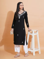 Pahnaz Luxury Rayon Chikankari Long Kurti-Black | Grocsy