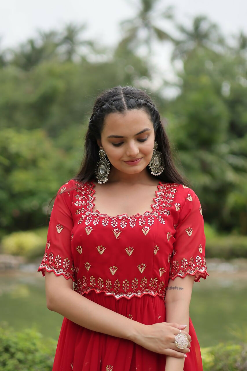 Vastranavya Premium Designer Faux Blooming with Embroidery Zari Sequins work Gown - Red | Grocsy