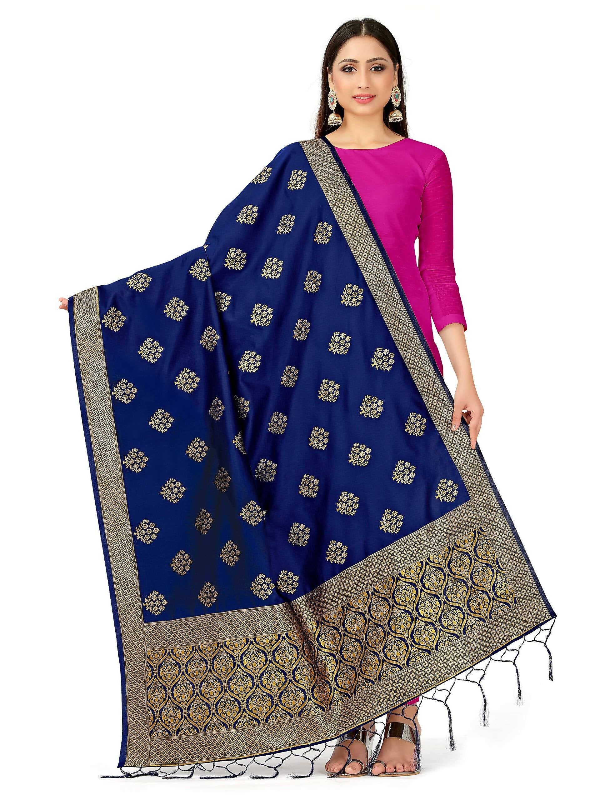 Mimosa Women's Floral Art Silk Navy Blue Dupatta | Grocsy