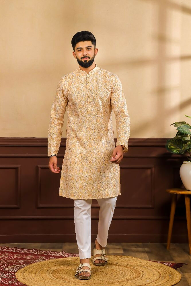 Mustard Art Silk Digital Printed, Embroidery Work Kurta Set - Mahotsav | Grocsy