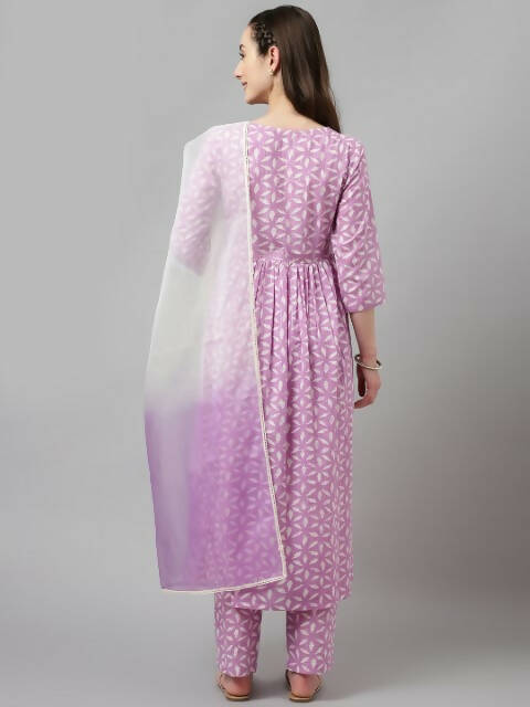 FIORRA Women's Lavender Lurex Cotton Flared Kurta Pant With Dupatta | Grocsy