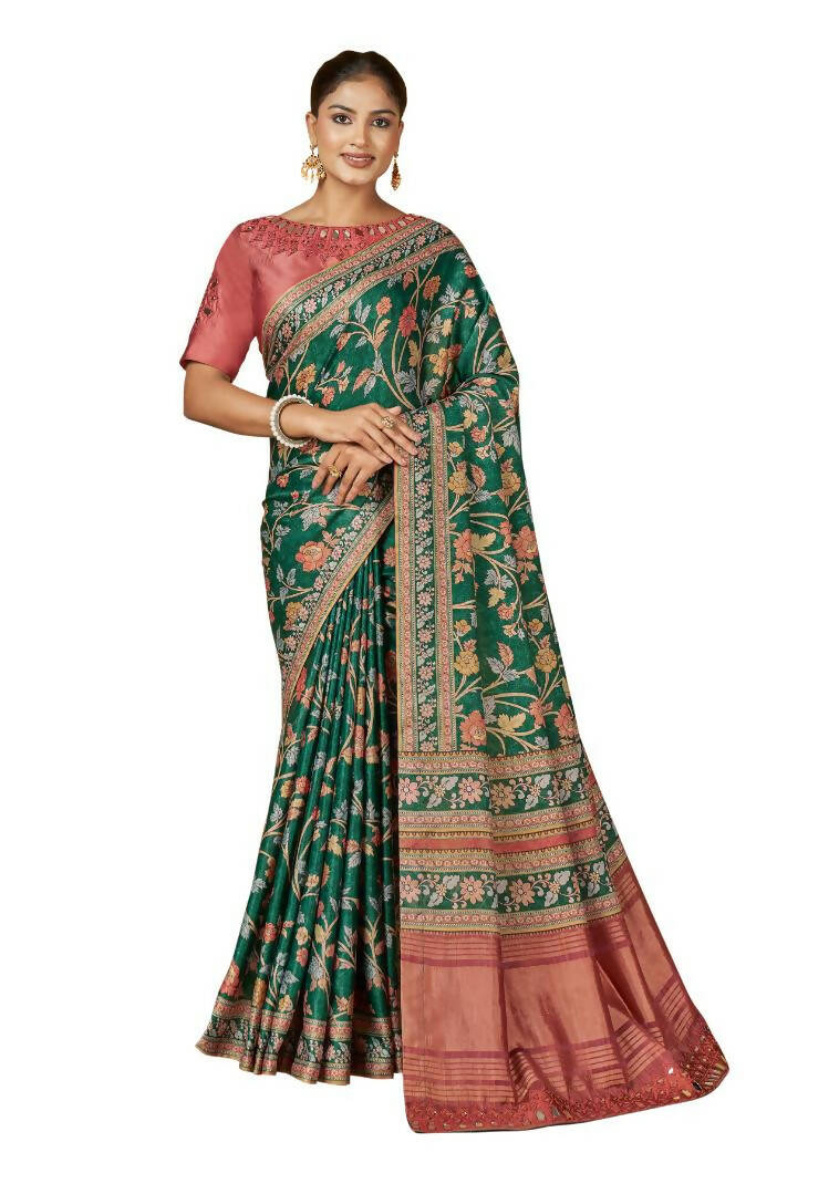 Green Gajji Silk Floral Print with Hand Mirror work Border Saree - Norita Nirvi | Grocsy