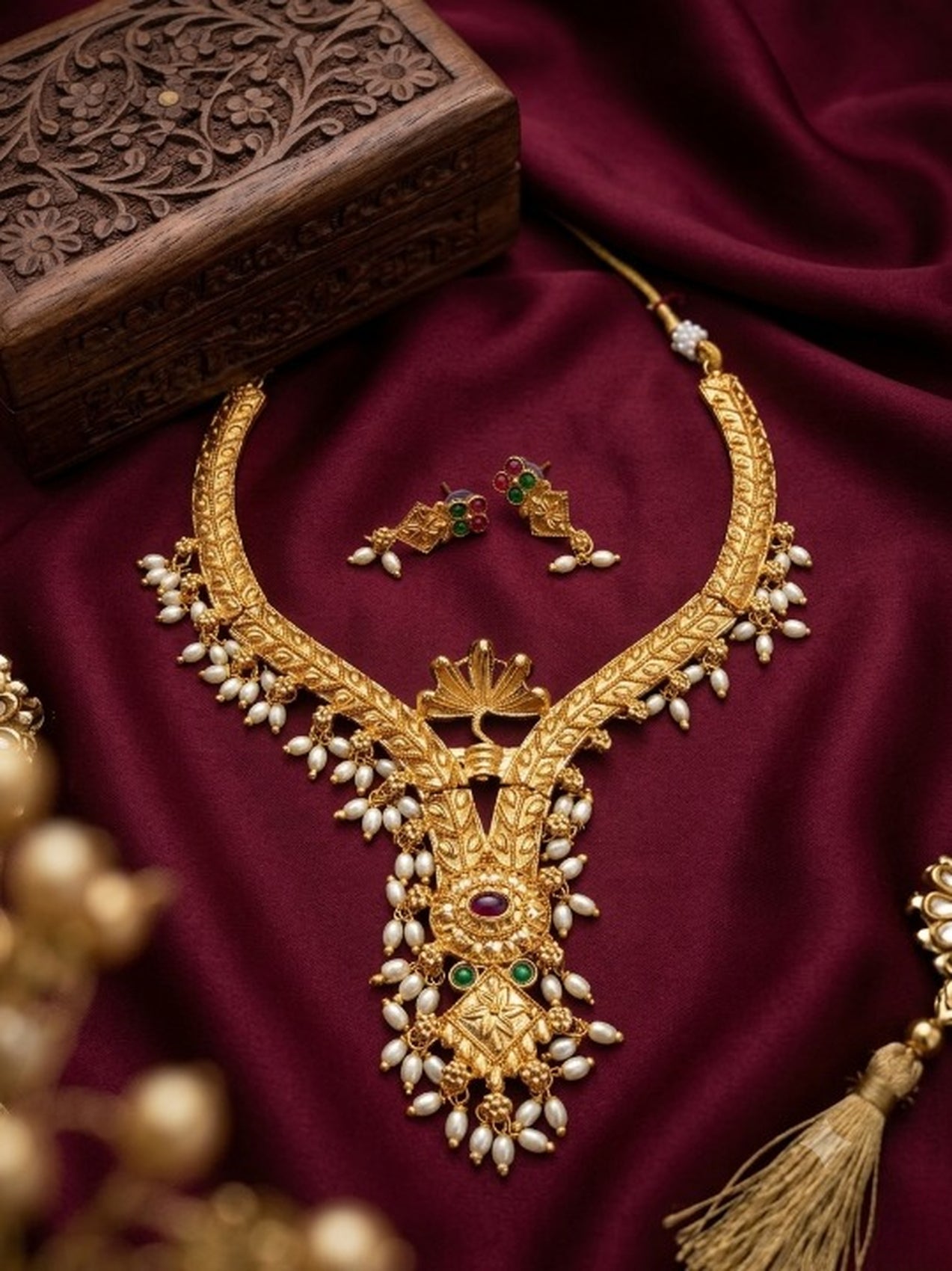 Jewel City Gold Plated Traditional Indian Necklace Set with Pearls, Ruby and Emerald Accents | Grocsy