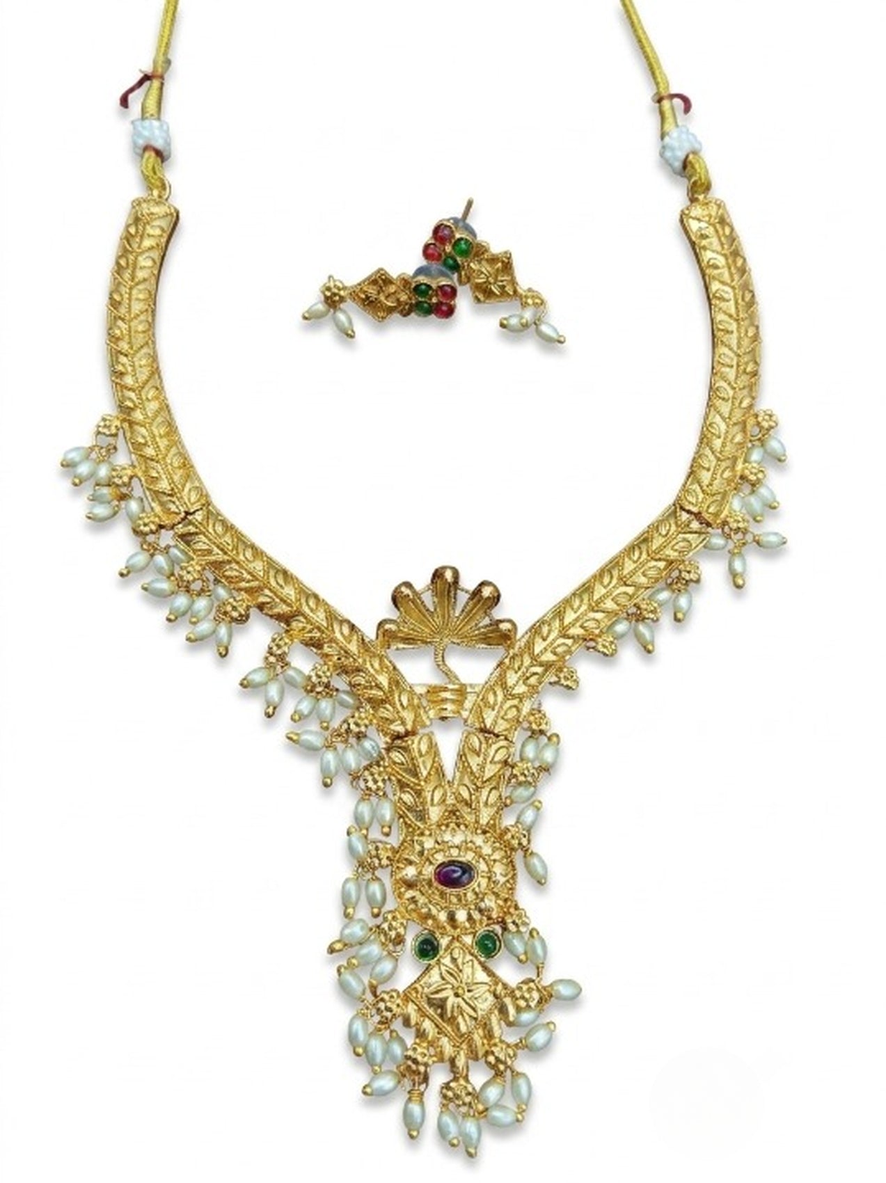 Jewel City Gold Plated Traditional Indian Necklace Set with Pearls, Ruby and Emerald Accents | Grocsy