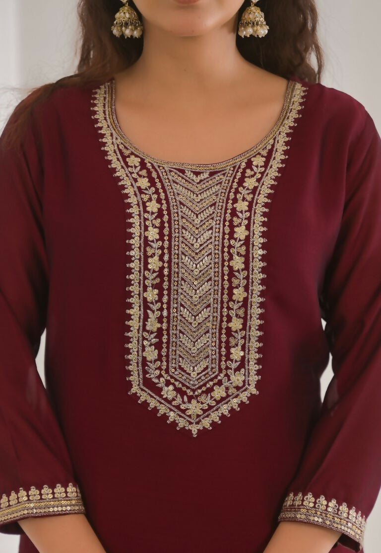 Ethnic Festive Wear Vichitra Silk Wine Stitched Suit With Dupatta - Tanisha | Grocsy