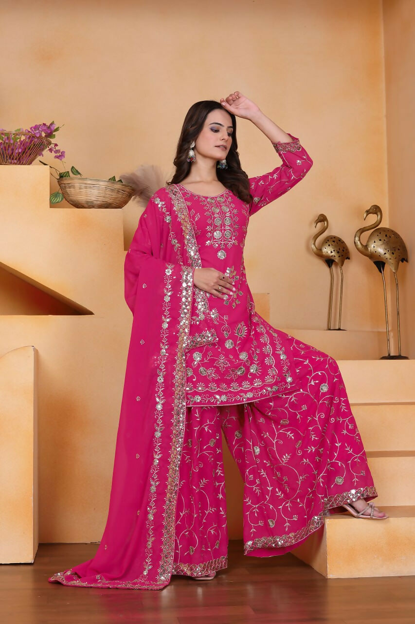 Teeya Creation Pink Color Faux Georgette Embroidery Work Wedding Wear Palazzo Set | Grocsy