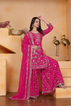 Teeya Creation Pink Color Faux Georgette Embroidery Work Wedding Wear Palazzo Set | Grocsy