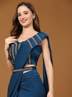 Blue Polyester Solid Ready to Wear Saree with stitched Blouse - Nita | Grocsy