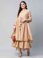 Ahalyaa Womens Beige Chanderi Kurta Palazzo Set with Dupatta | Grocsy