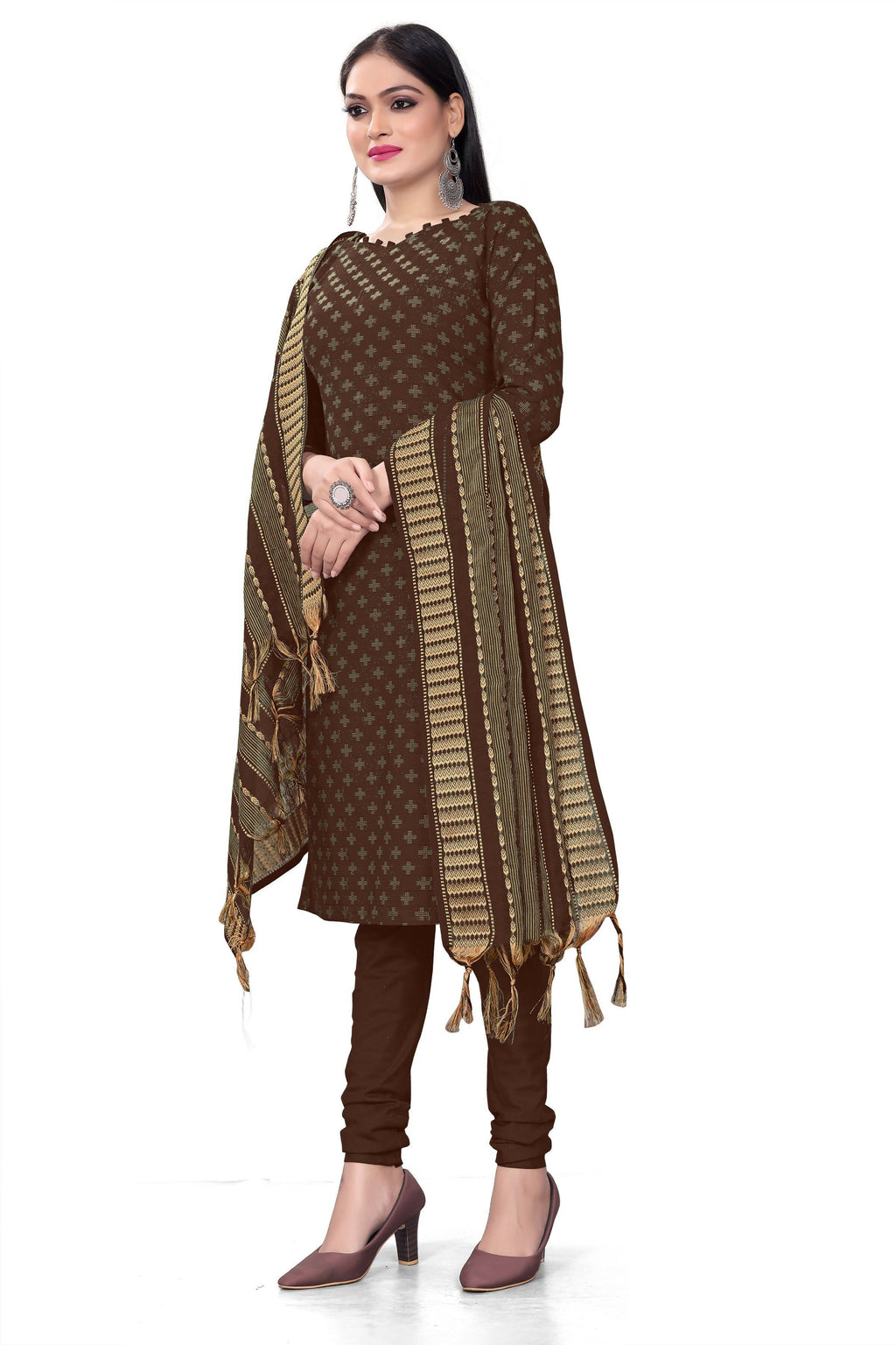 Brown Cotton Jacquard Woven Unstitched Dress Material - Amara | Grocsy