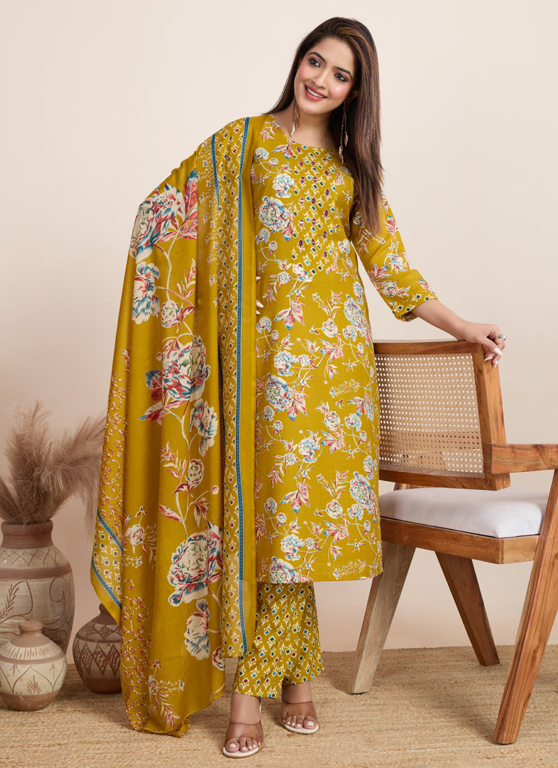 Prazu Fashion Yellow Printed Cotton Blend Festival Wear Salwar Suit | Grocsy