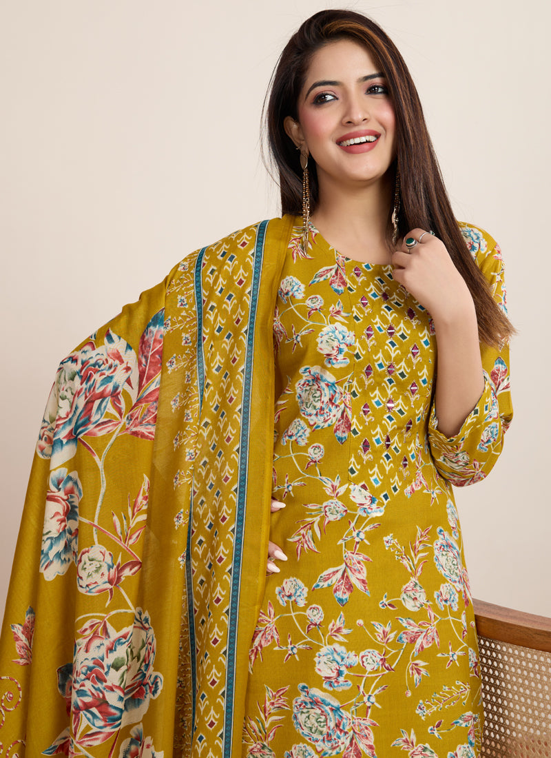 Prazu Fashion Yellow Printed Cotton Blend Festival Wear Salwar Suit | Grocsy