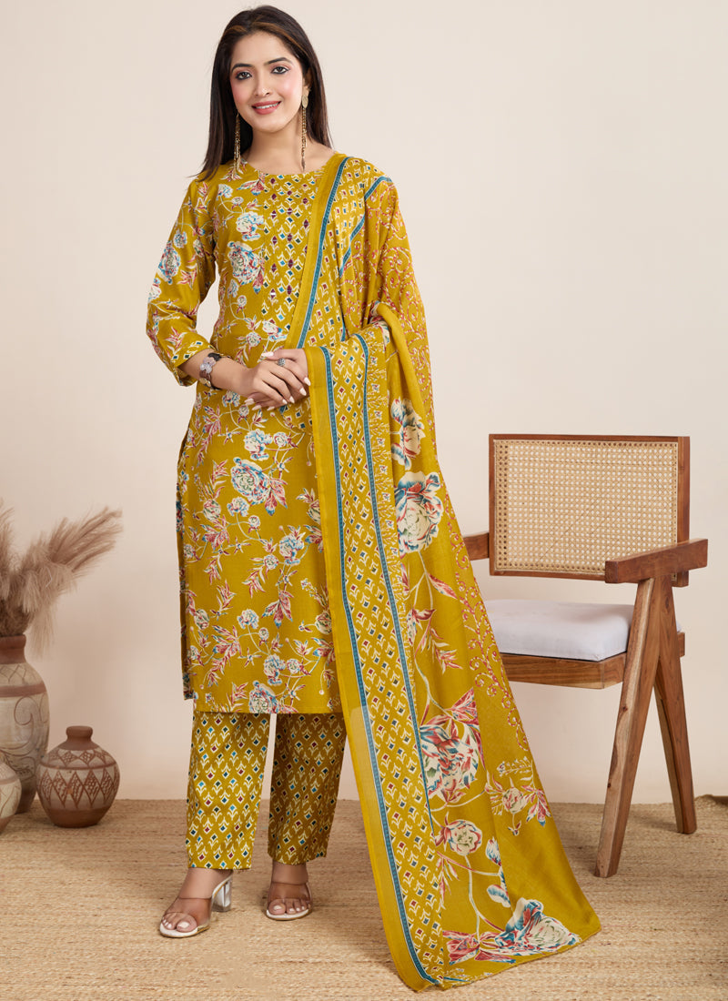 Prazu Fashion Yellow Printed Cotton Blend Festival Wear Salwar Suit | Grocsy