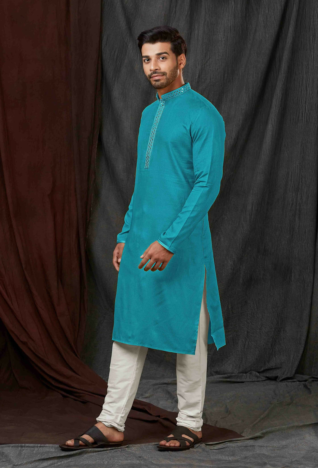 Joban Fashion Blue Self Jacquard Kurta Pyjama | Grocsy
